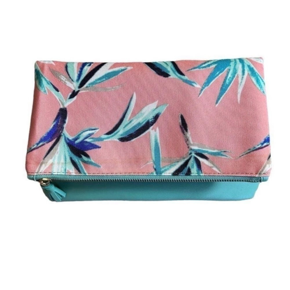 Rachel Pally Teal Pink Tropical Floral Leaf Pattern Reversible Fold Over Clutch - Picture 8 of 8